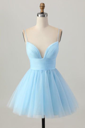 Sky Blue A Line Spaghetti Straps Short Prom Dress
